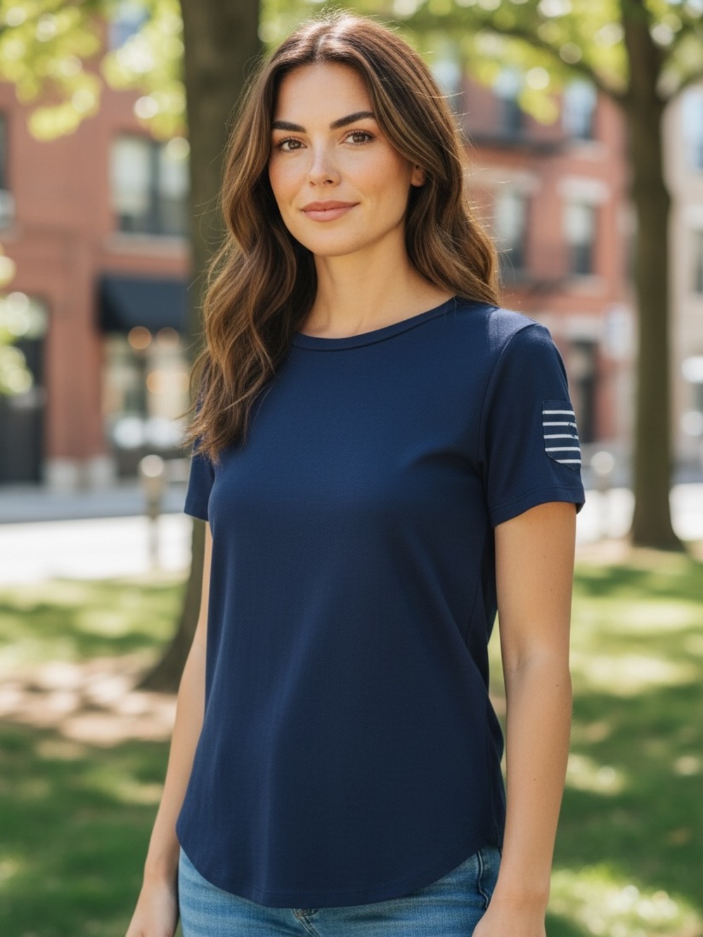 Ralph Lauren Navy Short-Sleeve Crewneck Tee with White Sleeve Stripes - Picture 1 of 7